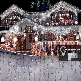 105ft Outdoor Christmas Decoration Lights,1000 LED 8 Modes Curtain Fairy Lights with 50 Drops,Plug in,Waterproof,Timer,Memory Function for Christmas H