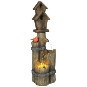 Outsunny Outdoor Fountain with Birdhouse, Cascading Garden Waterfall Bird Bath with 3-Tier Rustic Tree Trunk / Log Design, LED Lights for Porch, Deck,