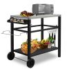 Stainless Steel Flattop Grill Cart, Movable BBQ Trolley Food Prep Cart, Multifunctional Worktable Island with Two Wheels, Hooks