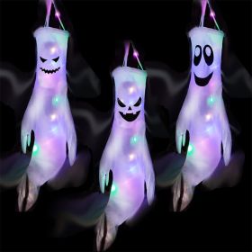 Pack of 3 Halloween Ghost Windsock Hanging Decorations with LED Lights (Color: a)