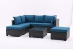 7 Pieces Outdoor Patio Furniture Set,Sectional Conversation Sofa Of Corner Chairs,Ottomans And Glass Top Table,All Weather PE Rattan and Steel Frame W
